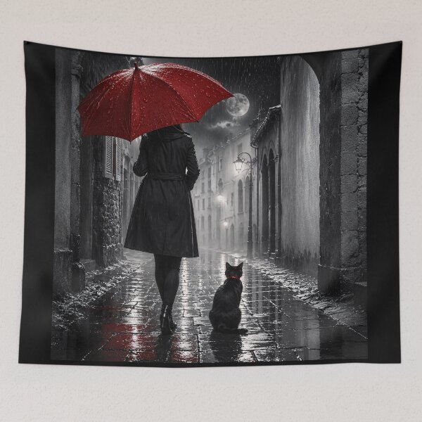 Item preview, Black cat in the rain with a red umbrella designed and sold by thirtyonestars.