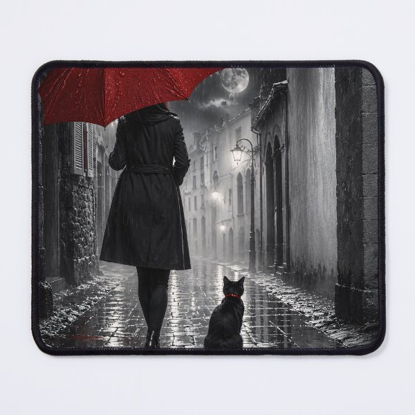 Item preview, Black cat in the rain with a red umbrella designed and sold by thirtyonestars.