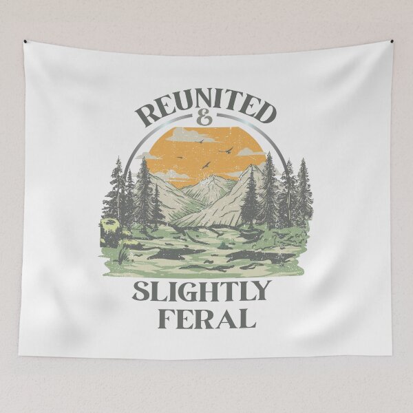 Item preview, Reunited & Slightly Feral Vintage Mountain Forest Camping Nature Typography Design designed and sold by arabiw.