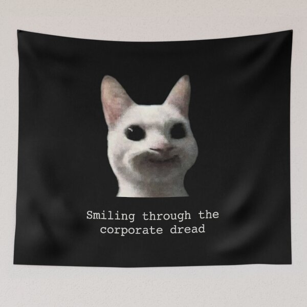 Item preview, Smiling Through The Corporate Dread Funny White Cat Meme designed and sold by Off-Road-Zone.