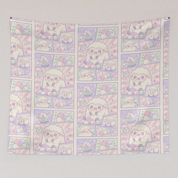 Item preview, Kawaii Sheep Eating Marshmallows Comic Panel designed and sold by Gift Phrase Studio.
