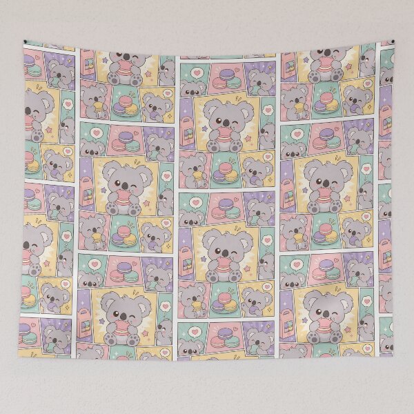 Item preview, Kawaii Koala Eating Macarons Comic Panel designed and sold by Gift Phrase Studio.
