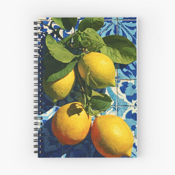 Item preview, mediterranean lemon painting with blue tile and sunny italian citrus style designed and sold by JackrabbitPub.