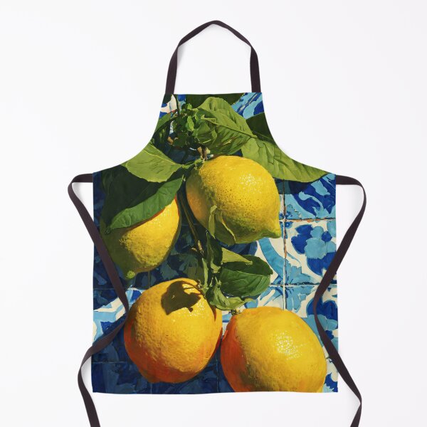 Item preview, mediterranean lemon painting with blue tile and sunny italian citrus style designed and sold by JackrabbitPub.
