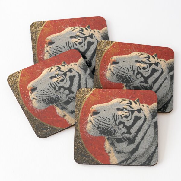 Item preview, asian inspired white tiger portrait with red sun and ornate gold vintage wildlife aesthetic designed and sold by JackrabbitPub.