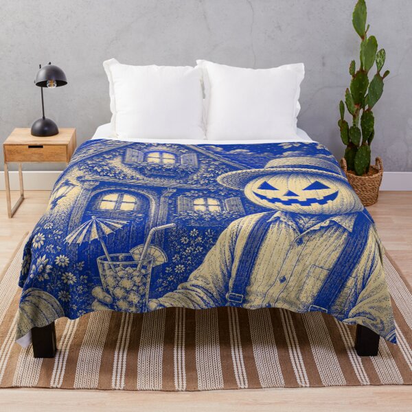 Item preview, Headless Horseman Amish Cottage – Blue & Cream Vintage Halloween Engraving designed and sold by TheHorsemanRidesAgain.