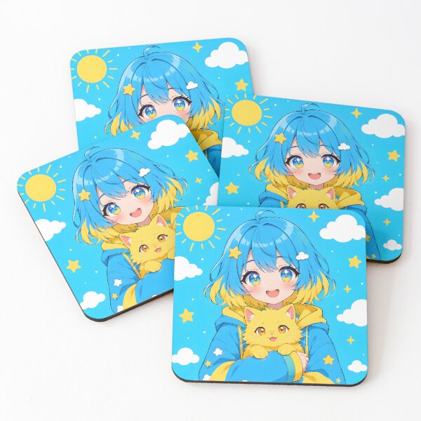 Item preview, anime girl with blue and yellow hair holding a yellow cat designed and sold by Diwi Zuli.
