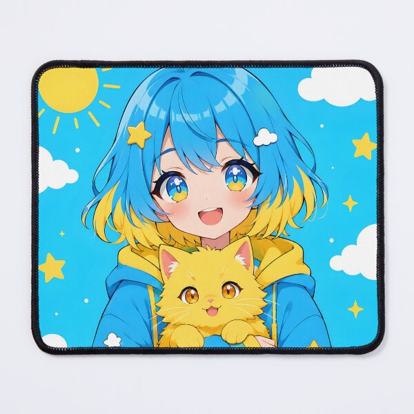 Item preview, anime girl with blue and yellow hair holding a yellow cat designed and sold by Diwi Zuli.