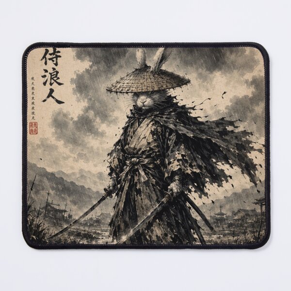 Item preview, Samurai Ronin Rabbit | Warrior in the Rain | Black and White Ukiyo-e Art designed and sold by Natalia-Vlad.