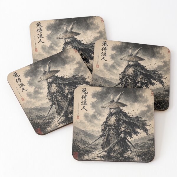 Item preview, Samurai Ronin Rabbit | Warrior in the Rain | Black and White Ukiyo-e Art designed and sold by Natalia-Vlad.