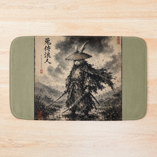 Item preview, Samurai Ronin Rabbit | Warrior in the Rain | Black and White Ukiyo-e Art designed and sold by Natalia-Vlad.
