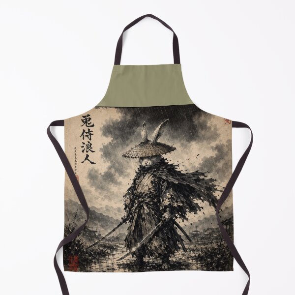 Item preview, Samurai Ronin Rabbit | Warrior in the Rain | Black and White Ukiyo-e Art designed and sold by Natalia-Vlad.