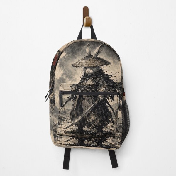 Item preview, Samurai Ronin Rabbit | Warrior in the Rain | Black and White Ukiyo-e Art designed and sold by Natalia-Vlad.