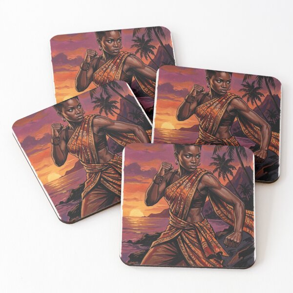 Item preview, African warrior in combat position, tropical sunset, epic illustration designed and sold by Curiosiart.