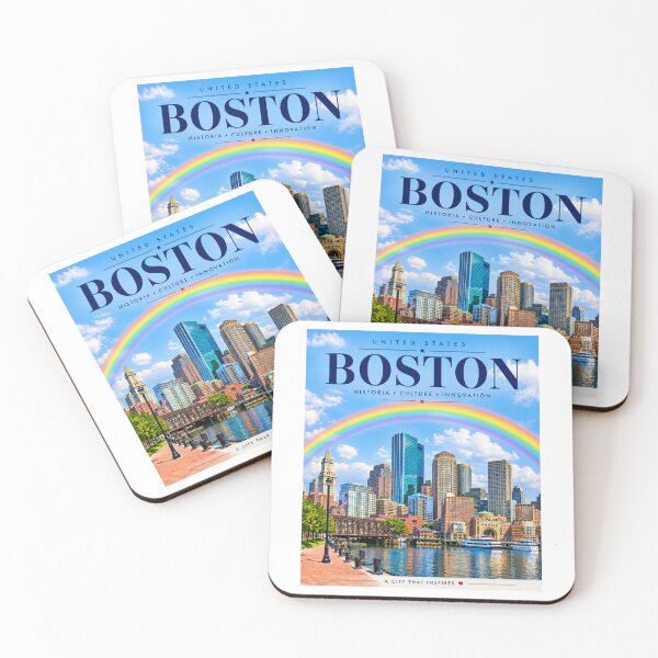 Item preview, Boston Massachusetts Travel Poster | Vintage Harbor Skyline with Rainbow | USA Wall Art designed and sold by ElartedeNoel.