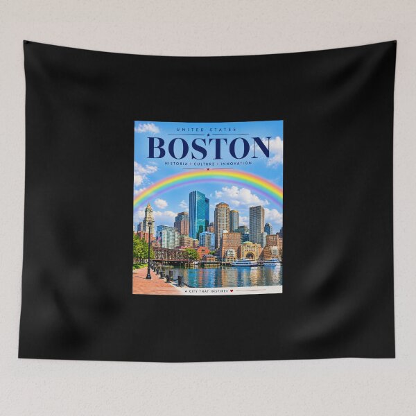Item preview, Boston Massachusetts Travel Poster | Vintage Harbor Skyline with Rainbow | USA Wall Art designed and sold by ElartedeNoel.