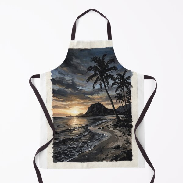 Item preview, Tropical sunset on the beach, traditional painting, coastal landscape with palm trees and mountain designed and sold by Curiosiart.