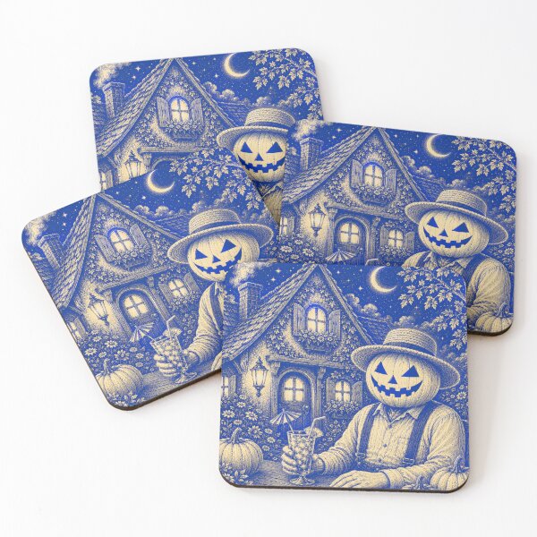 Item preview, Headless Horseman Amish Cottage – Blue & Cream Vintage Halloween Engraving designed and sold by TheHorsemanRidesAgain.