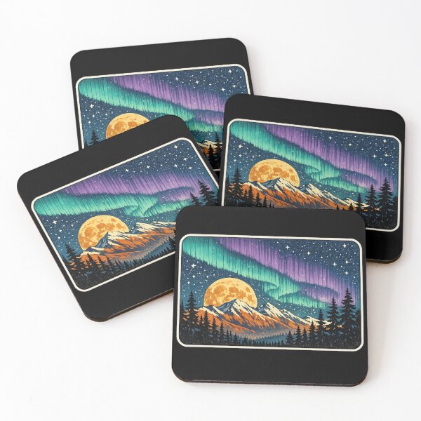 Item preview, Aurora Borealis Mountain Moon — Vintage Night Sky Nature Art Print designed and sold by ArtoryWorks.