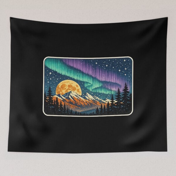 Item preview, Aurora Borealis Mountain Moon — Vintage Night Sky Nature Art Print designed and sold by ArtoryWorks.