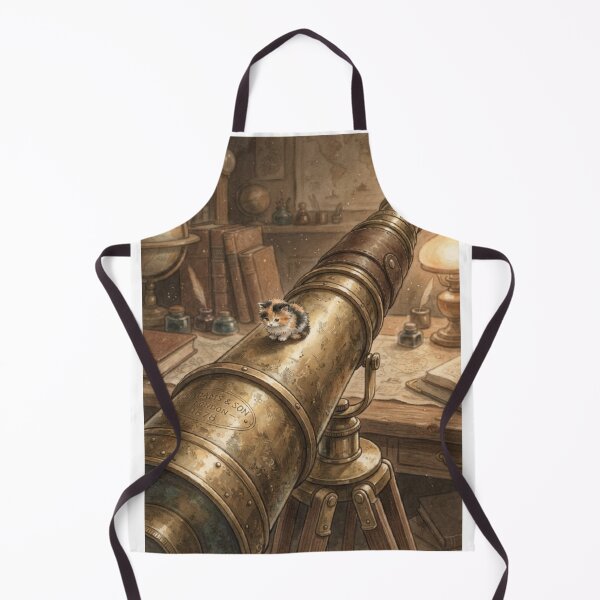 Item preview, Tiny Kitten on a Giant Vintage Brass Telescope Miniature Illustration designed and sold by DuckOddity.