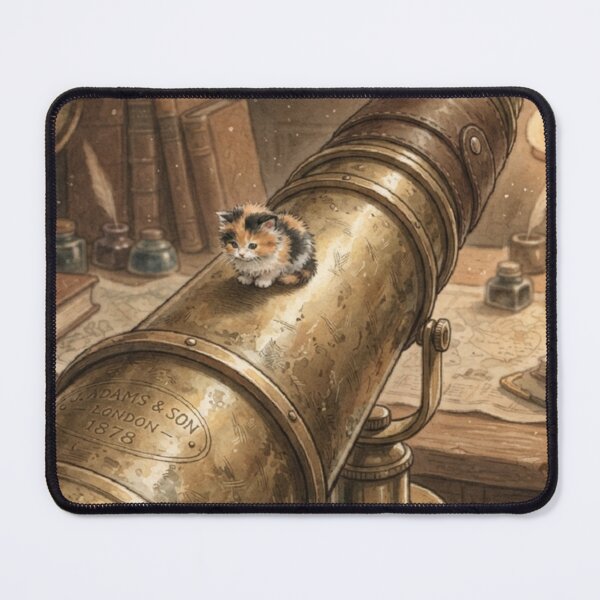 Item preview, Tiny Kitten on a Giant Vintage Brass Telescope Miniature Illustration designed and sold by DuckOddity.