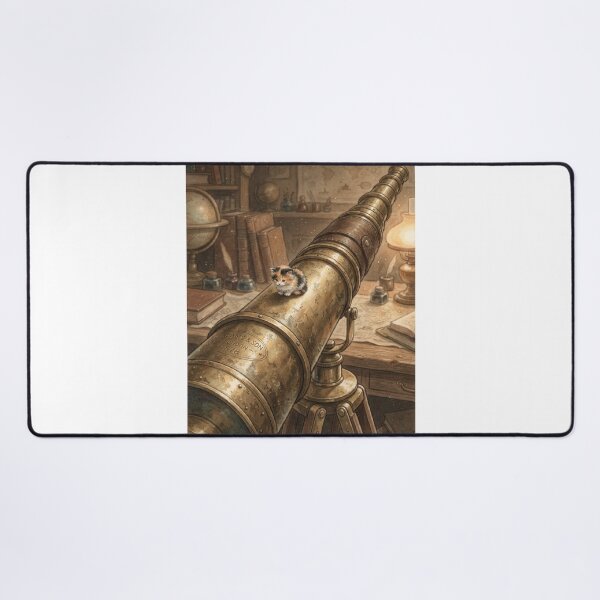 Item preview, Tiny Kitten on a Giant Vintage Brass Telescope Miniature Illustration designed and sold by DuckOddity.