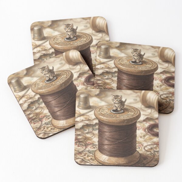 Item preview, Tiny Kitten on a Giant Vintage Silk Thread Spool Miniature Illustration designed and sold by DuckOddity.