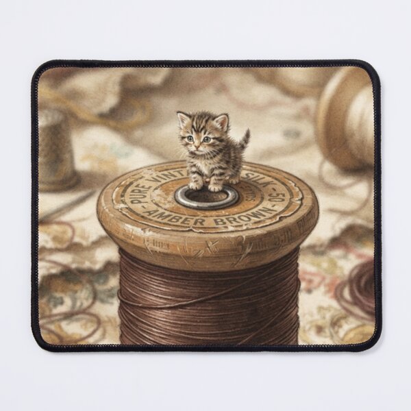 Item preview, Tiny Kitten on a Giant Vintage Silk Thread Spool Miniature Illustration designed and sold by DuckOddity.