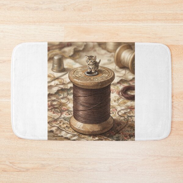 Item preview, Tiny Kitten on a Giant Vintage Silk Thread Spool Miniature Illustration designed and sold by DuckOddity.