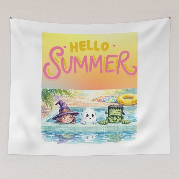 Item preview, Hello Summer Spooky Pool Party - Cute Watercolor Witch, Ghost, and Frankenstein in Swimming Pool  designed and sold by VibranPalette.
