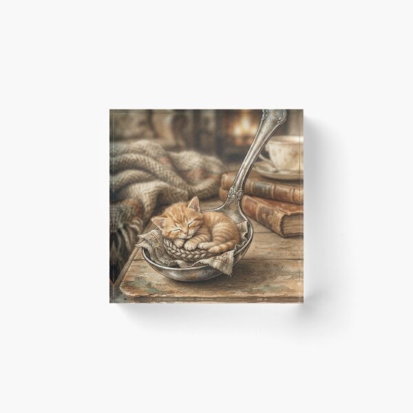 Item preview, Tiny Kitten in a Giant Vintage Silver Spoon Miniature Illustration designed and sold by DuckOddity.
