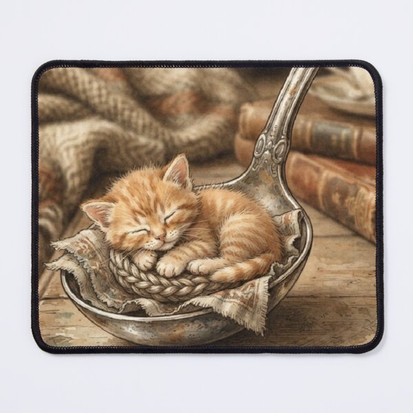 Item preview, Tiny Kitten in a Giant Vintage Silver Spoon Miniature Illustration designed and sold by DuckOddity.