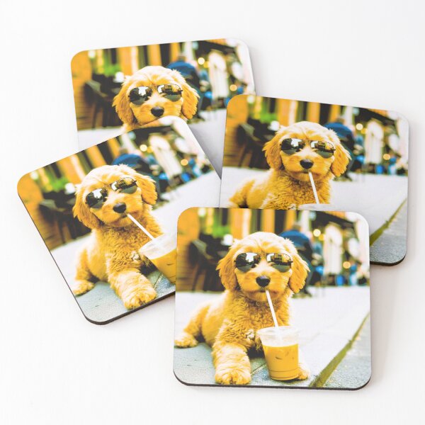 Item preview, Cool Goldendoodle Puppy With Sunglasses Sipping Iced Coffee – Funny Dog Photo Art designed and sold by NewGen-For-You.