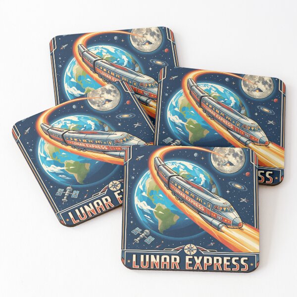 Item preview, Lunar Express 707 Space Railway Retro Poster Earth Moon Train Art Print designed and sold by Void and Neon.