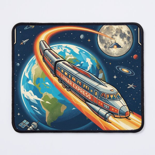 Item preview, Lunar Express 707 Space Railway Retro Poster Earth Moon Train Art Print designed and sold by Void and Neon.
