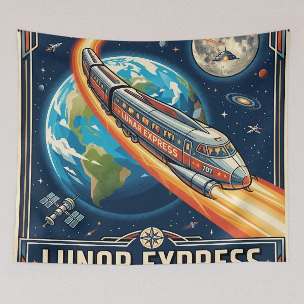 Item preview, Lunar Express 707 Space Railway Retro Poster Earth Moon Train Art Print designed and sold by Void and Neon.