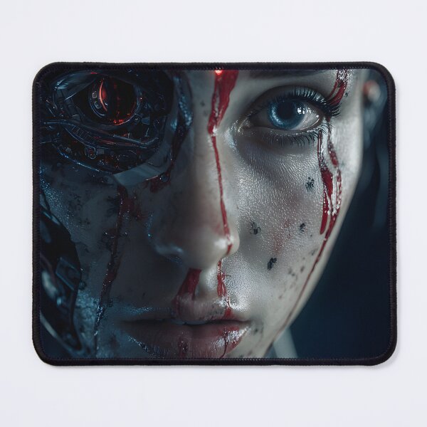 Item preview, Split Face Cyborg Woman with Glowing Red Circuitry designed and sold by cyberartmaker.