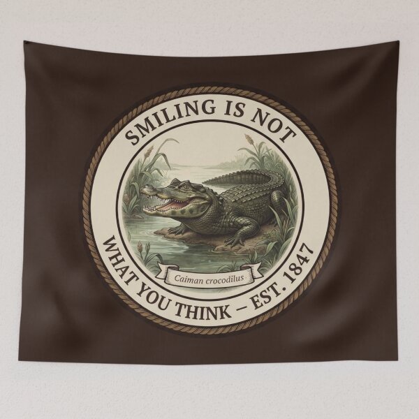 Item preview, Smiling Is Not What You Think Caiman Humor Badge designed and sold by CalmCapy Co.