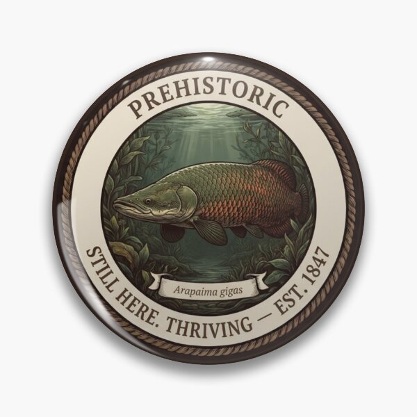 Item preview, Prehistoric Still Here Thriving Arapaima Humor Badge designed and sold by CalmCapy Co.