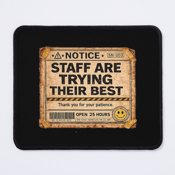 Item preview, Staff Are Trying Their Best | Liminal Horror Workplace Notice Sticker designed and sold by Open25Hours.