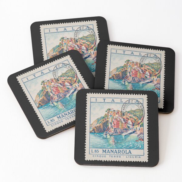 Aperçu de l'œuvre Manarola Italie Cinque Terre Timbre-poste Autocollant de voyage créée et vendue par stickercuffs.