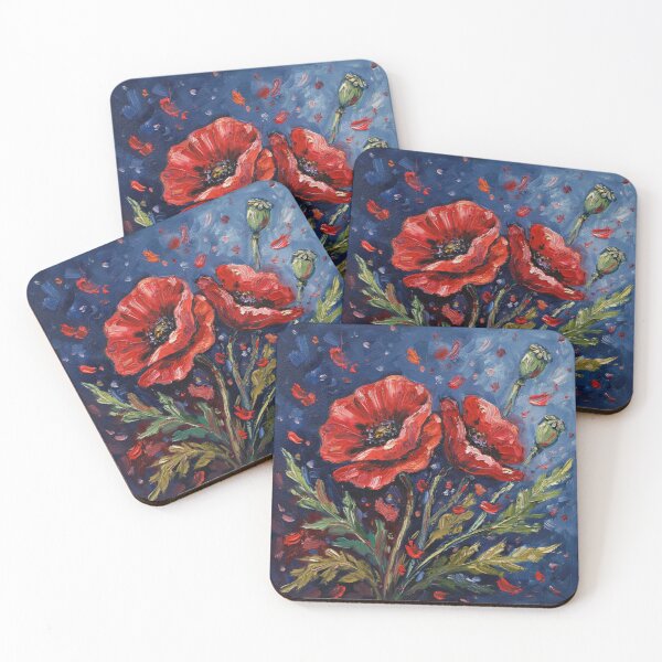Item preview, Red poppies on a blue background,oil paint. designed and sold by elegantpaterns.