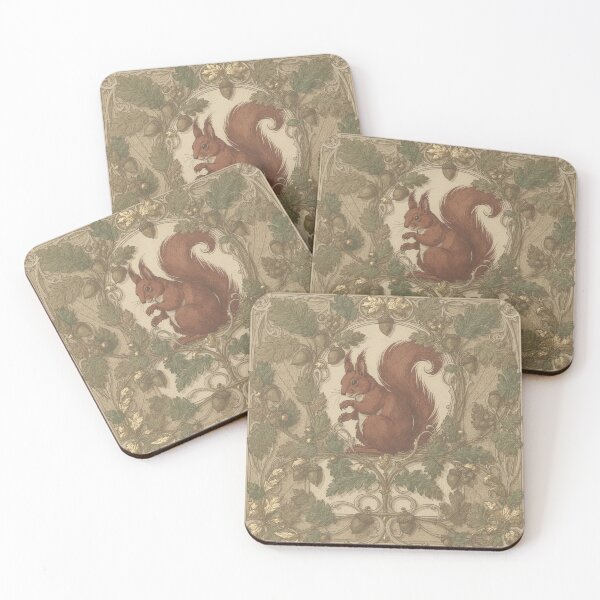 Item preview, Art Nouveau Red Squirrel Among Oak Leaves in Gold designed and sold by PictorialWhimsy.