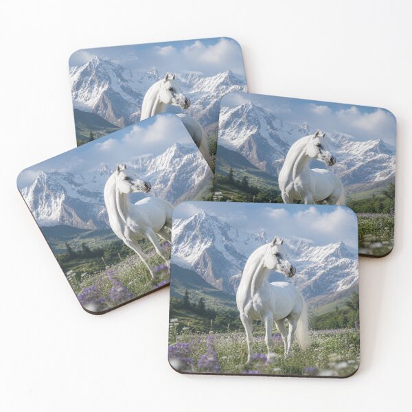 Item preview, Majestic White Arabian Horse in Alpine Wildflower Meadow | Luxury Wildlife Fine Art | Mountain Canvas Wall Print designed and sold by ApexAnimal Art.