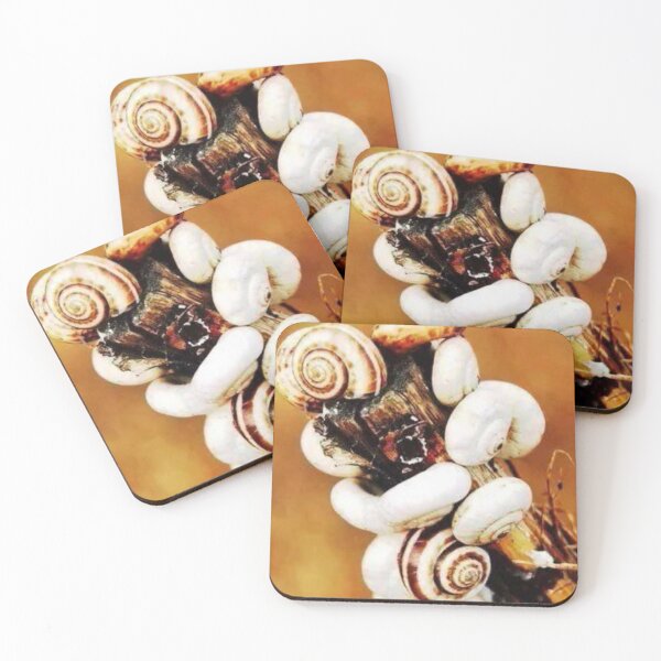 Item preview, White Snails on a Branch - Macro Nature Photography | Golden Autumn Snail Shell Cluster designed and sold by artofuniverse.