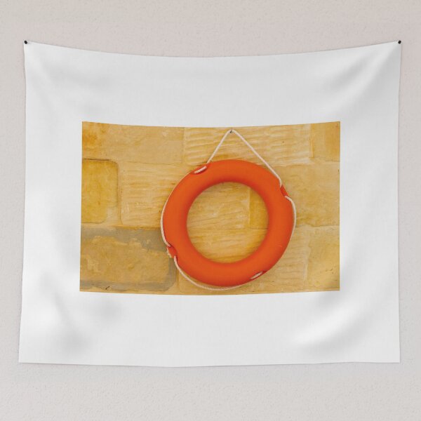 Item preview, Orange Lifebuoy Life Preserver Hanging On Stone Wall With Rope Nautical Safety Equipment For Rescue designed and sold by Nmallia.