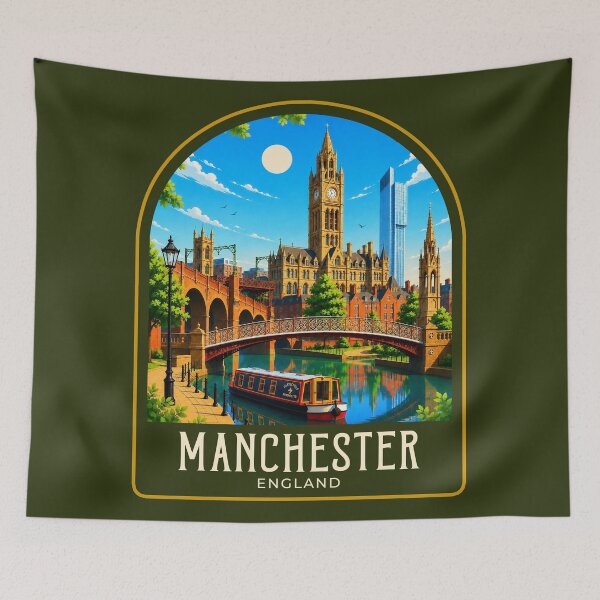 Item preview, Manchester Vintage Travel Illustration designed and sold by HomeLivingCo.