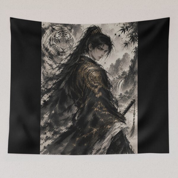 Item preview, Shadow Guardian | White Tiger & Wuxia Swordsman Ink Wash Art designed and sold by ManJiangHong.