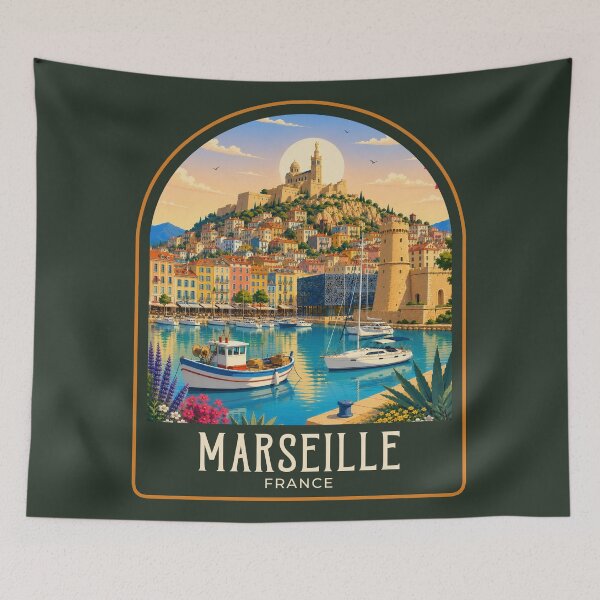 Item preview, Marseille Vintage Travel Illustration designed and sold by HomeLivingCo.